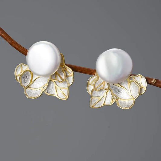 PRINCESENSE PEARL LEAVES STUD EARRINGS