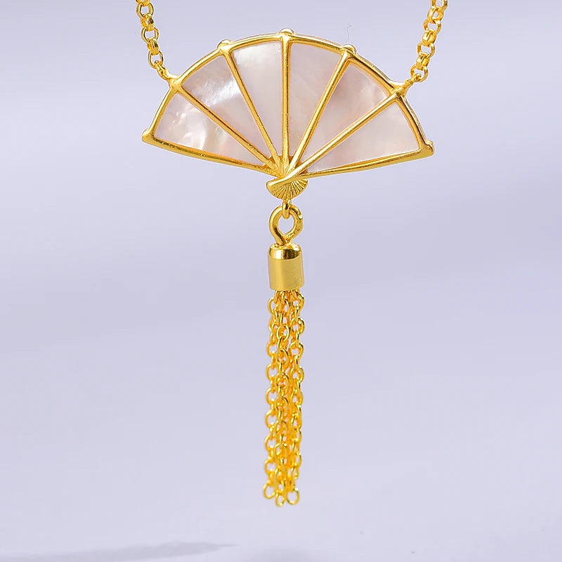 PRINCESENSE MOTHER OF PEARL ORIENTAL FAN NECKLACE