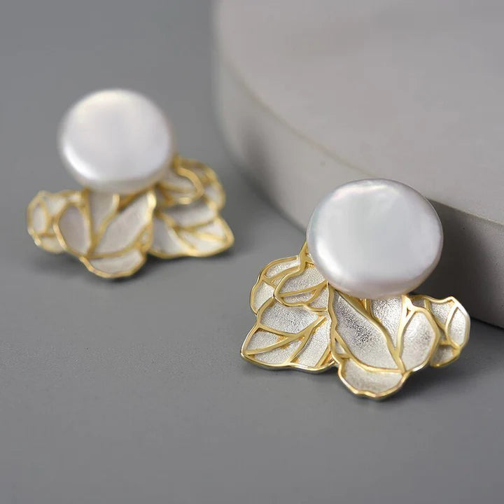 PRINCESENSE PEARL LEAVES STUD EARRINGS