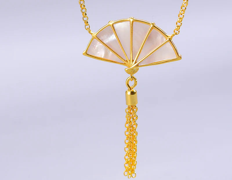 PRINCESENSE MOTHER OF PEARL ORIENTAL FAN NECKLACE